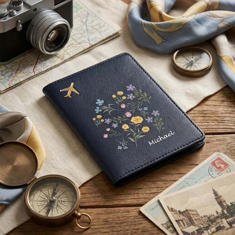Custom Name Floral Passport Holder Pastel Black Travel Organizer For Passport Visa ID Women Travel Gift
