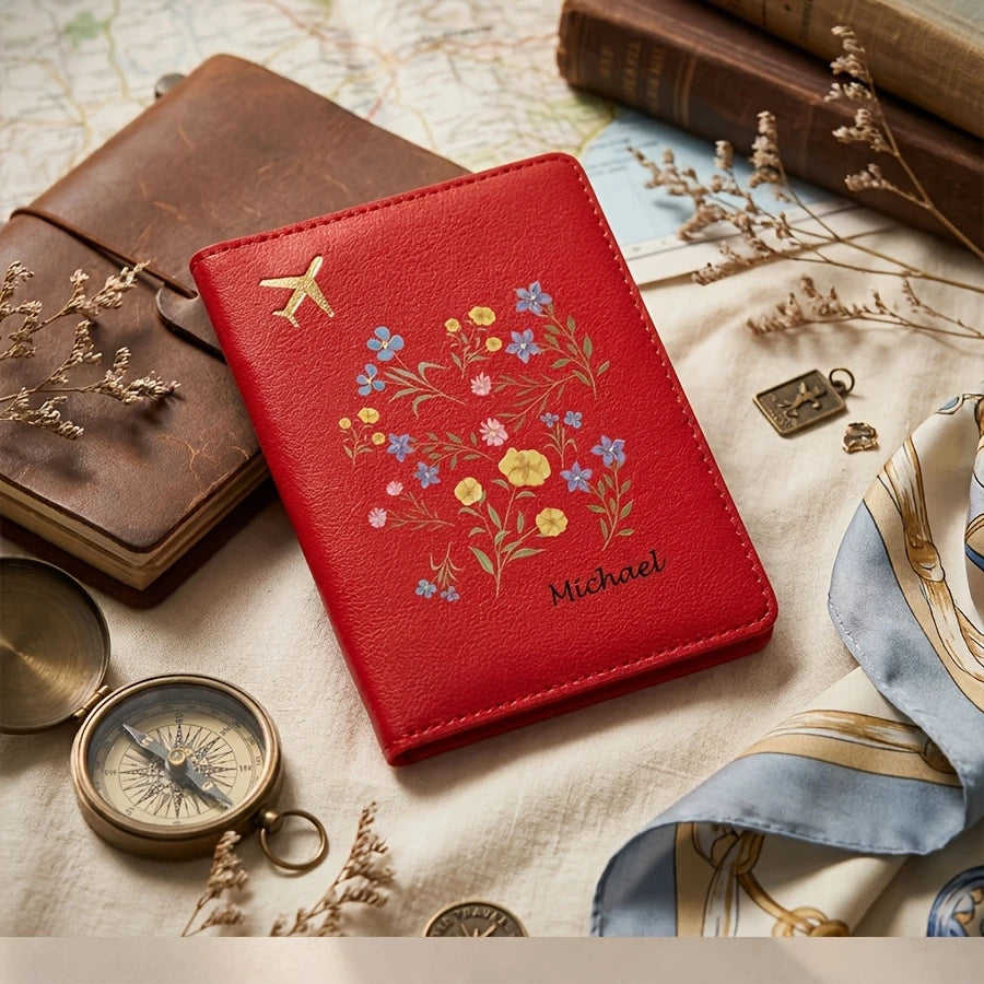 Custom Name Floral Passport Holder Pastel Black Travel Organizer For Passport Visa ID Women Travel Gift
