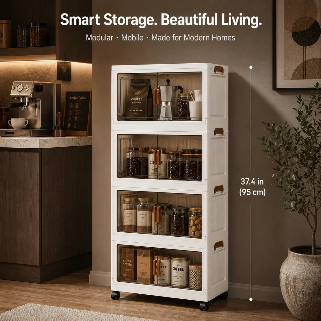 3/4/5-tier home office storage boxes, modular stackable and foldable storage cabinets, with semi-transparent compartments, double doors, and lockable wheels, dustproof foldable plastic storage boxes with wood grain handles, w