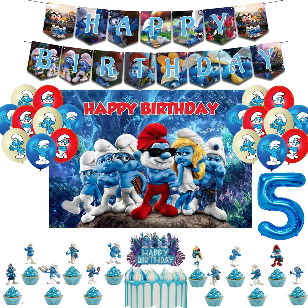 Smurfsed Happy Birthday Decoration Party Supplies Balloon Banner Number Blue Elf Theme Backdrop Cake Topper Baby Shower Boy Girl