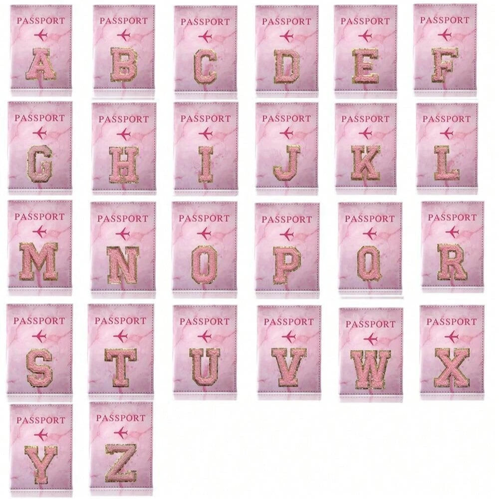 Pink Embroidery A-Z Letter Passport Cover Travel Wallet Card Holder Portable Document Case Nice Holiday Travel Gift