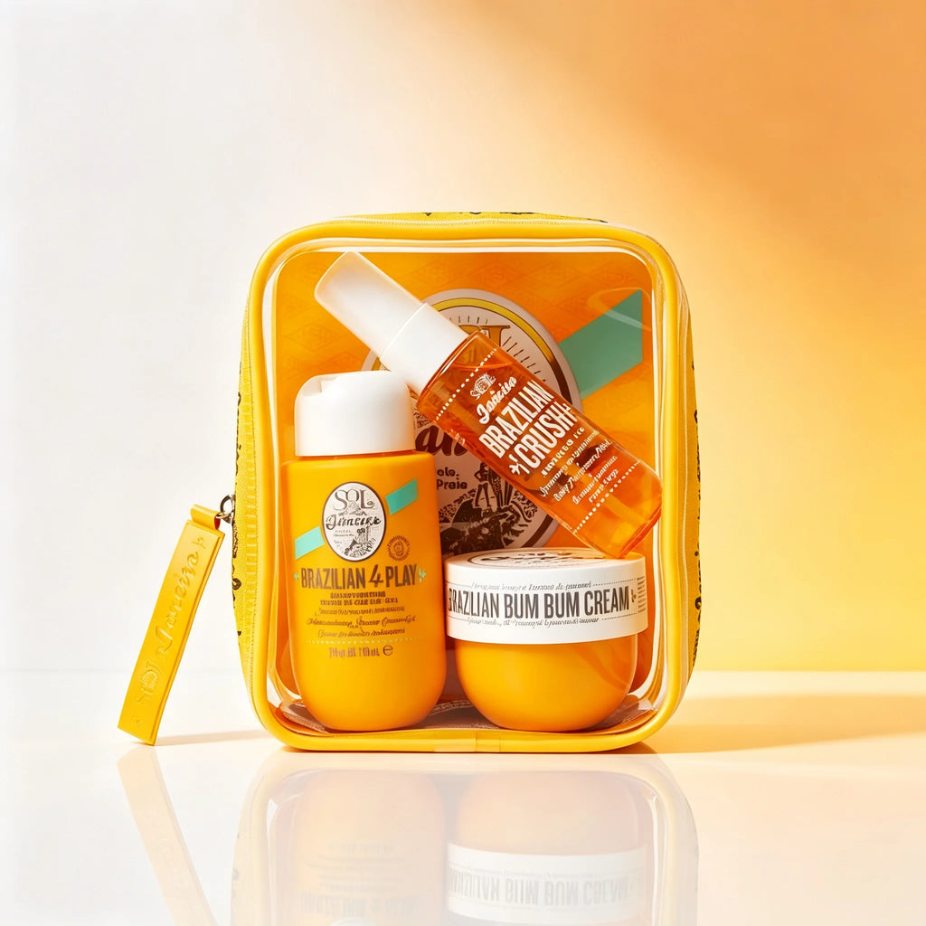 Sol de Janeiro Women's Body Care Travel Set, Moisturizing and Firming Tropical Caramel Nut-Scented Body Cream and Shower Spray, Clear Storage Pouch with Yellow Trim