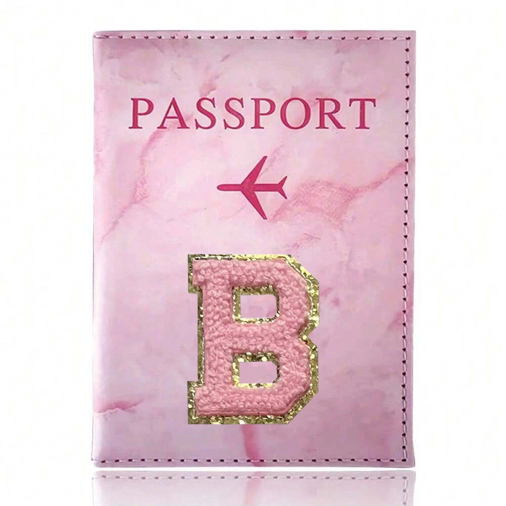 Pink Embroidery A-Z Letter Passport Cover Travel Wallet Card Holder Portable Document Case Nice Holiday Travel Gift