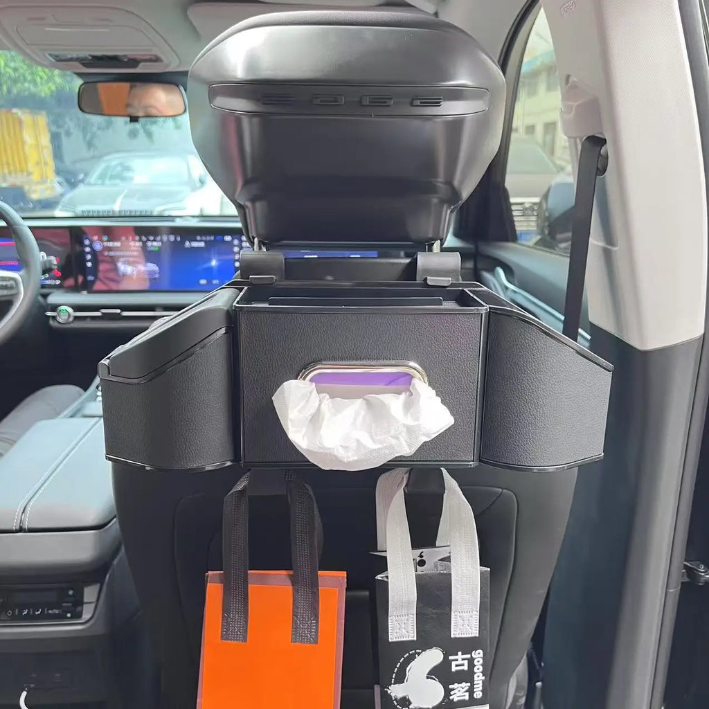7-in-1 Car Back Seat Storage Box, Headrest Mount Tissue Box Trash Can Cup Holder Hook Multi-Function Rear Organizer