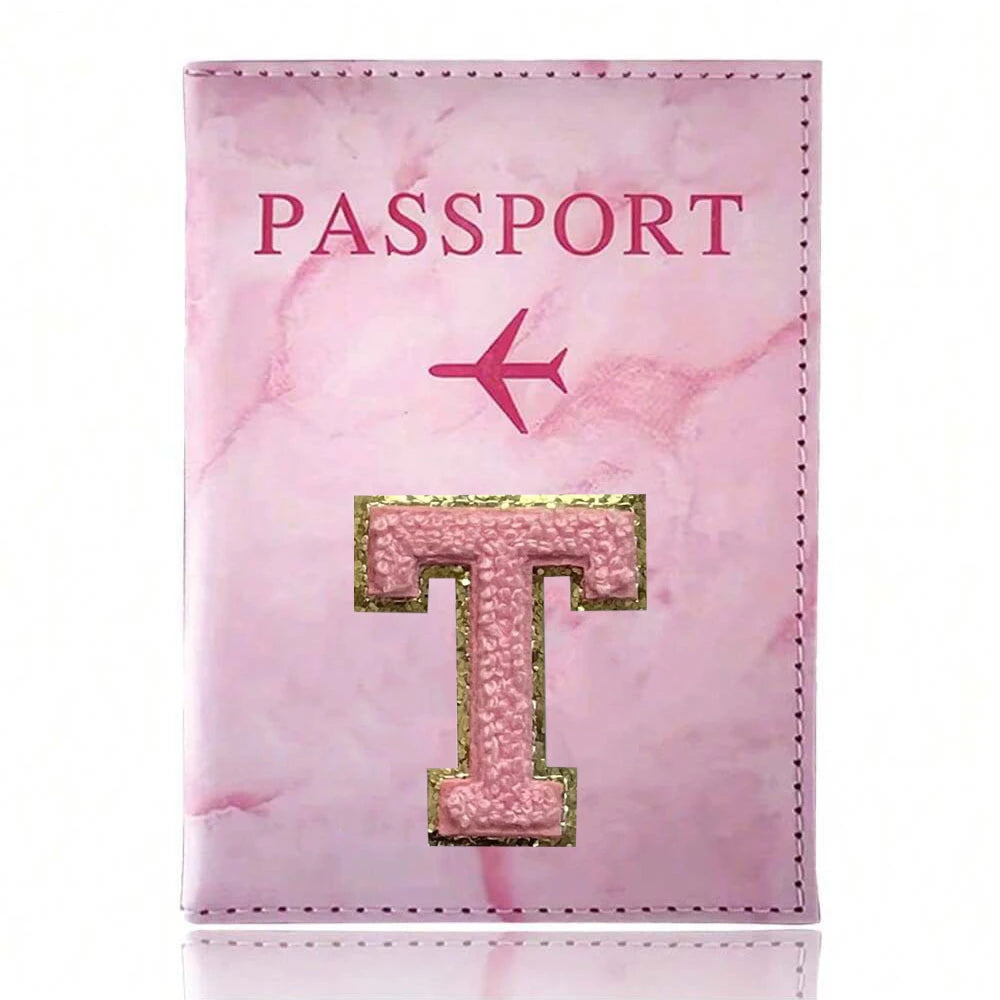 Pink Embroidery A-Z Letter Passport Cover Travel Wallet Card Holder Portable Document Case Nice Holiday Travel Gift