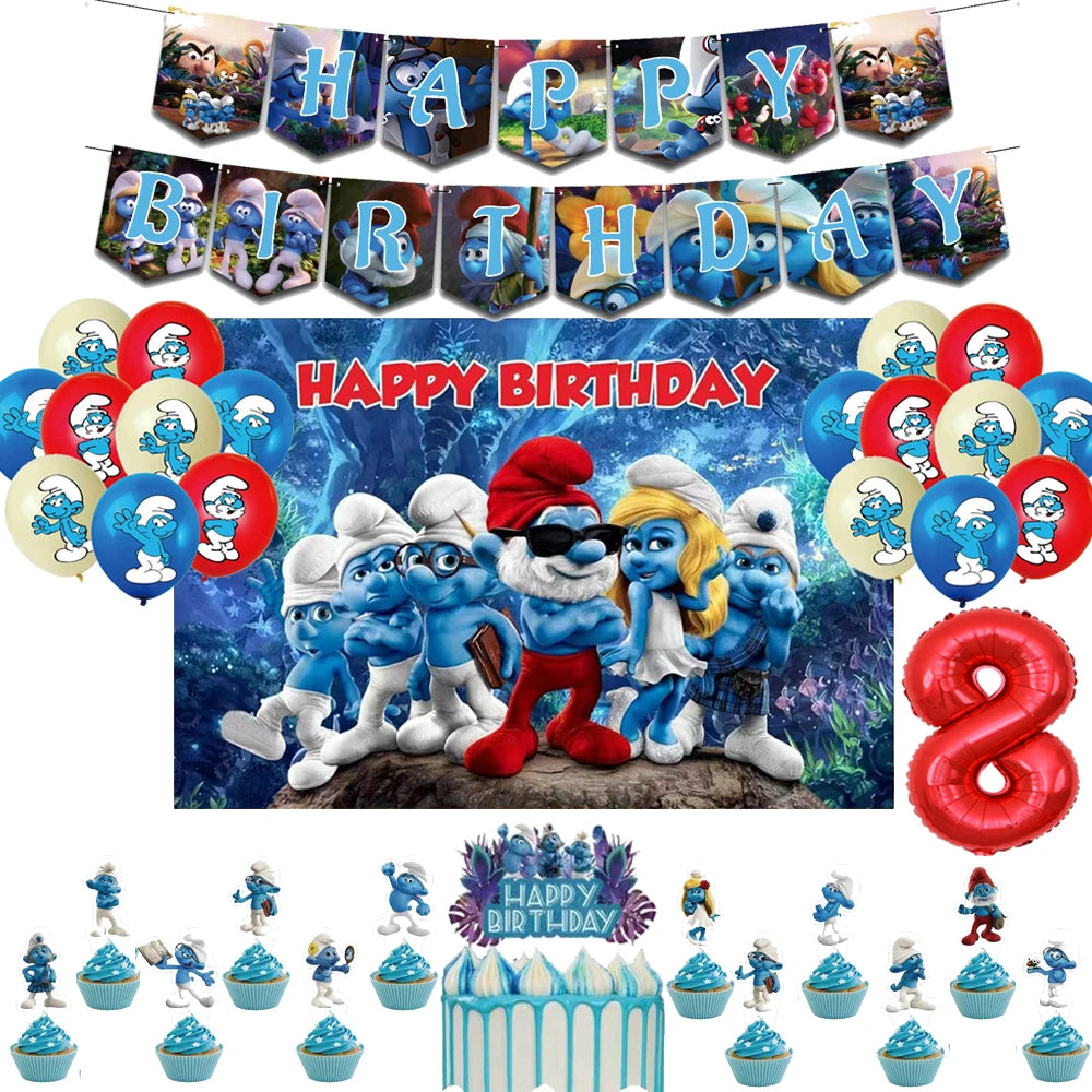 Smurfsed Happy Birthday Decoration Party Supplies Balloon Banner Number Blue Elf Theme Backdrop Cake Topper Baby Shower Boy Girl