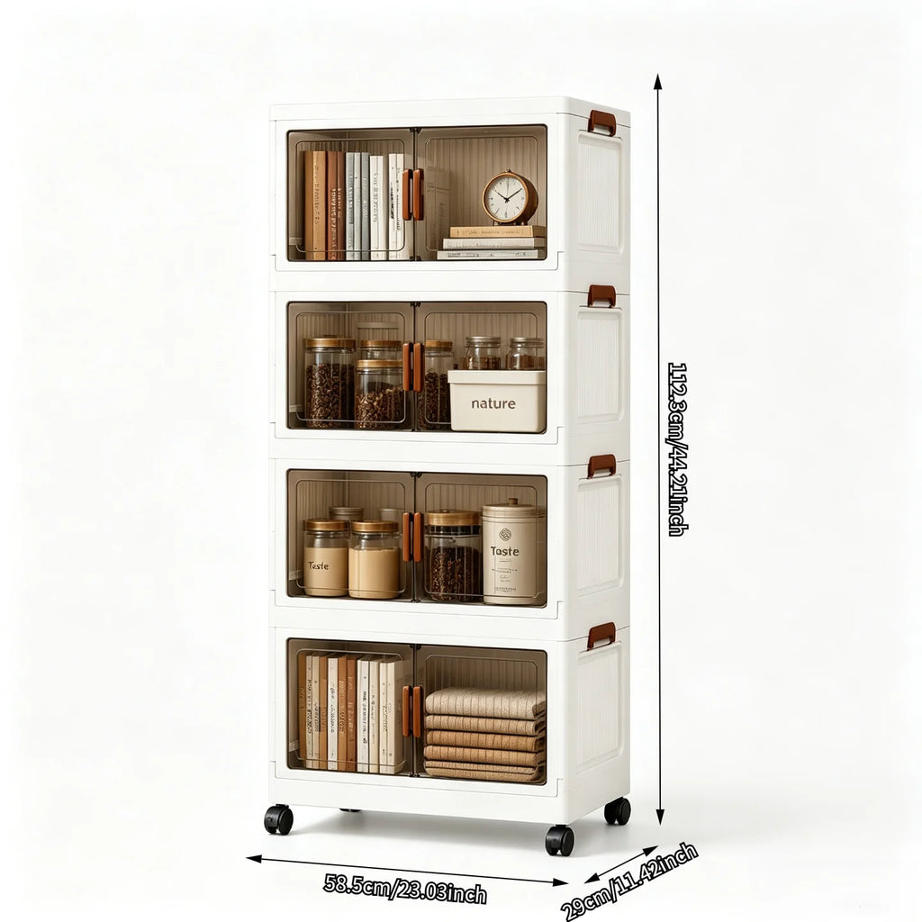 3/4/5-tier home office storage boxes, modular stackable and foldable storage cabinets, with semi-transparent compartments, double doors, and lockable wheels, dustproof foldable plastic storage boxes with wood grain handles, w