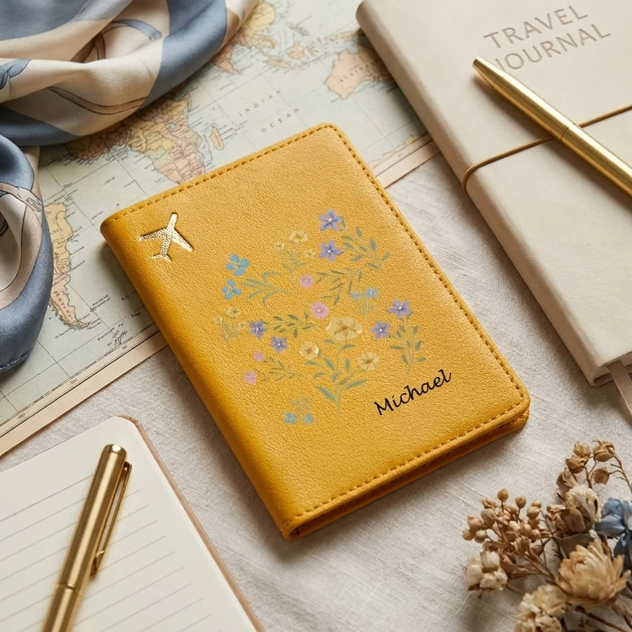 Custom Name Floral Passport Holder Pastel Black Travel Organizer For Passport Visa ID Women Travel Gift