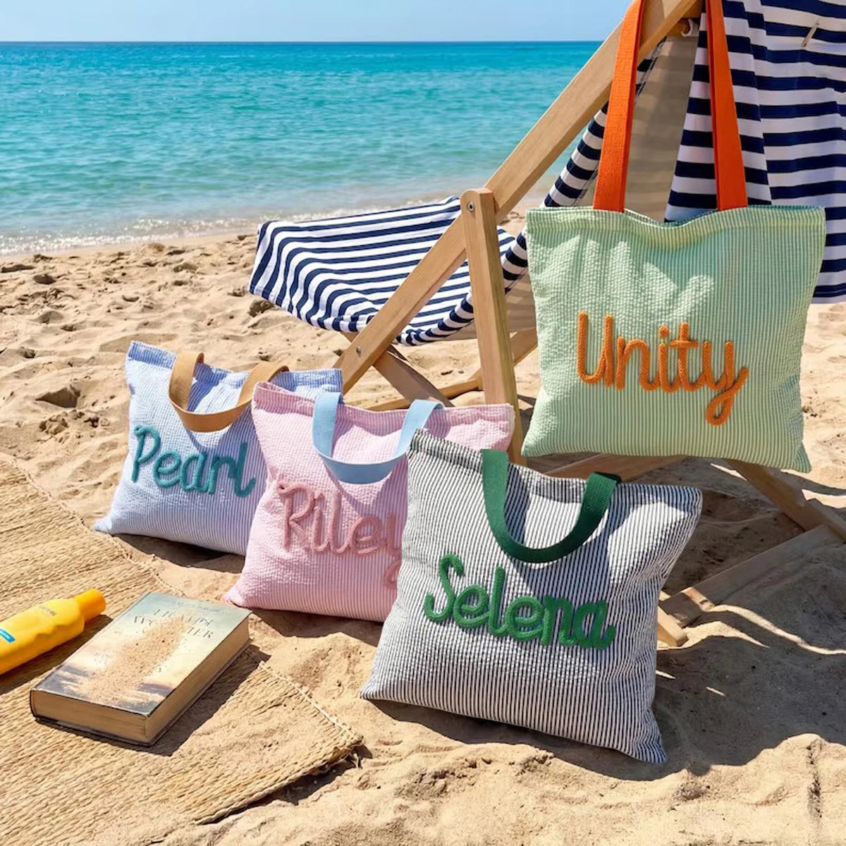 Personalized Beach Tote Bag — Lined Beach Bag with Inner Pocket — Personalized Zippered Tote — Summer Hobo Bag — Bridesmaid Gift