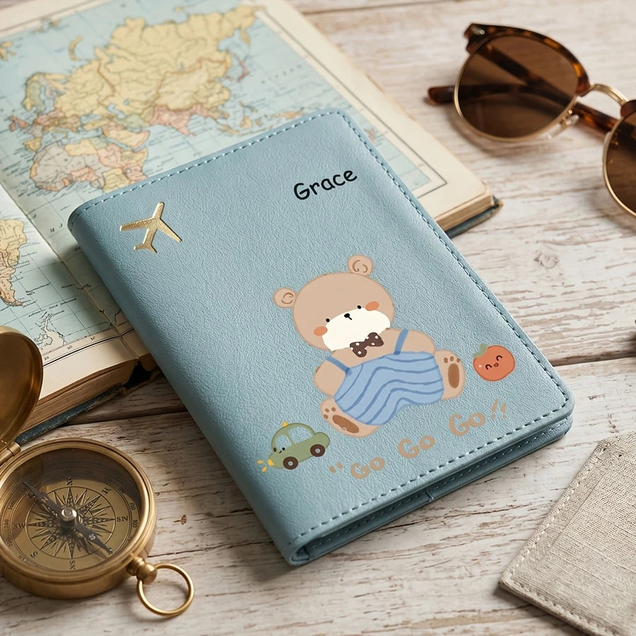 Personalized Passport Holder with Protective Cover - Custom Name/Text, Cute Cartoon Bear Pattern Design