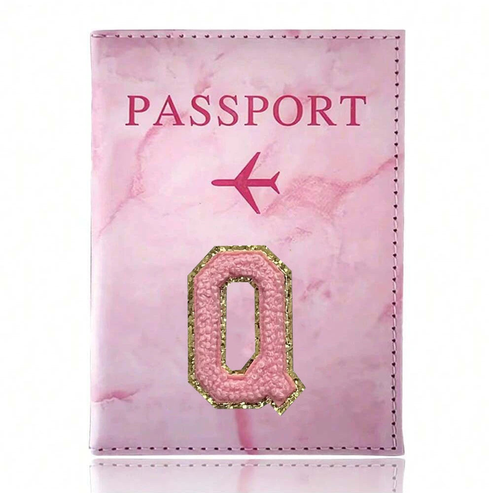 Pink Embroidery A-Z Letter Passport Cover Travel Wallet Card Holder Portable Document Case Nice Holiday Travel Gift