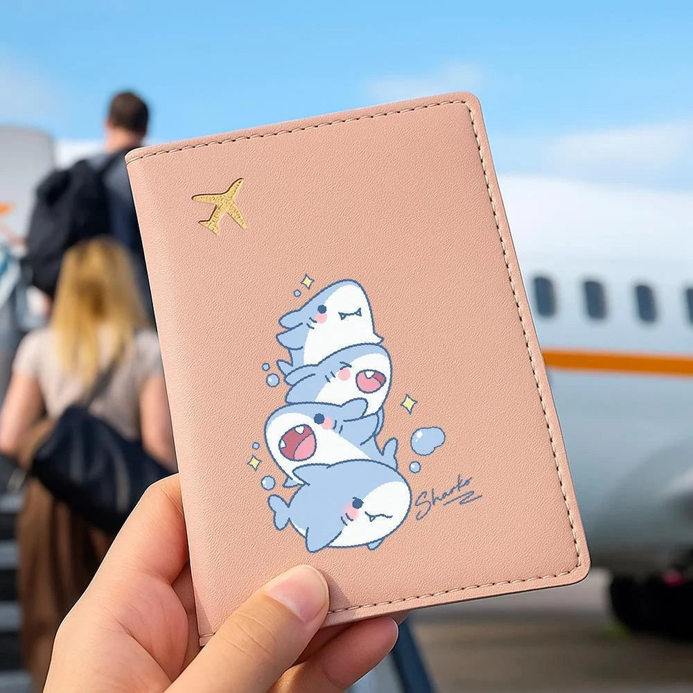 Cute Smiling Shark Pattern Passport Holder Travel Card Cover Portable Storage Pouch Ideal Birthday Gift for Women Air Travel