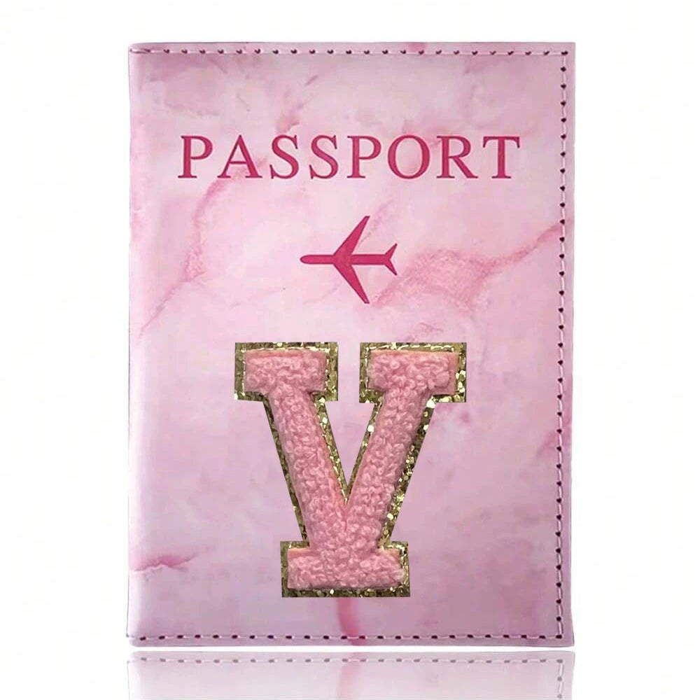 Pink Embroidery A-Z Letter Passport Cover Travel Wallet Card Holder Portable Document Case Nice Holiday Travel Gift