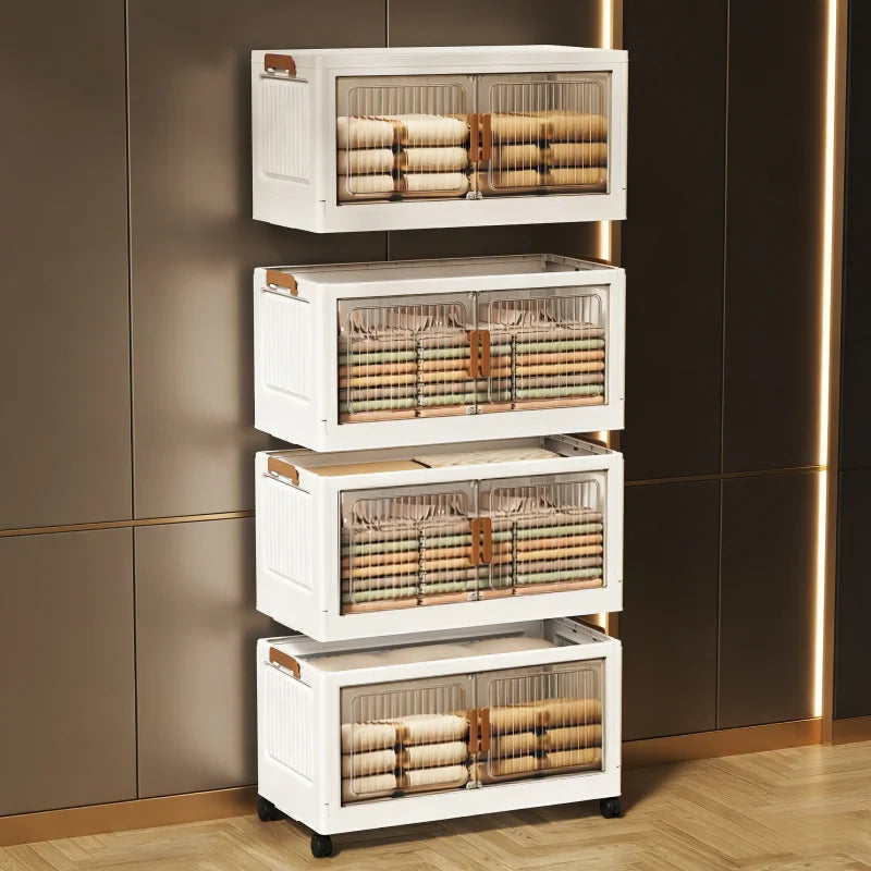 3/4/5-tier home office storage boxes, modular stackable and foldable storage cabinets, with semi-transparent compartments, double doors, and lockable wheels, dustproof foldable plastic storage boxes with wood grain handles, w