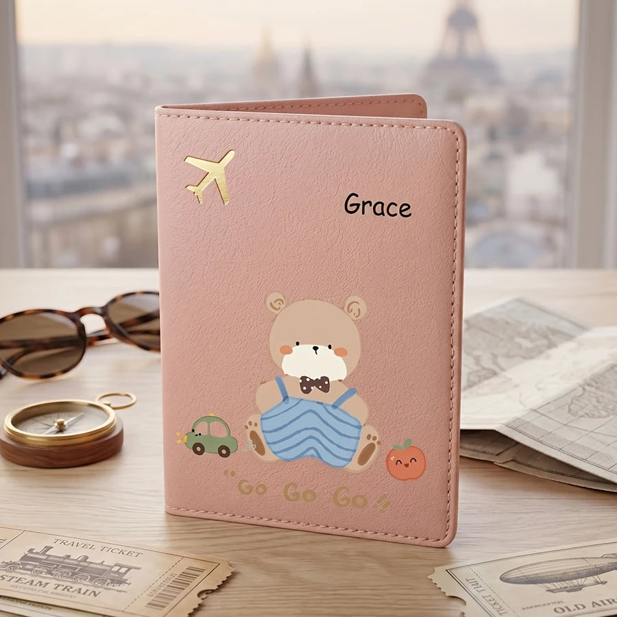 Personalized Passport Holder with Protective Cover - Custom Name/Text, Cute Cartoon Bear Pattern Design