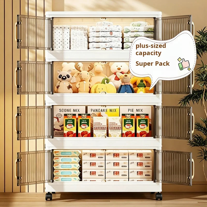 23.62in 3/4/5 Tier Foldable Plastic Storage Cabinet with Wheels, Double Transparent Door Organizer, Large Storage Chest, No Assembly Closet Organizer with Latches for Bedroom Kitchen, Cream White