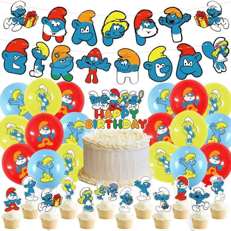Smurfsed Happy Birthday Decoration Party Supplies Balloon Banner Number Blue Elf Theme Backdrop Cake Topper Baby Shower Boy Girl