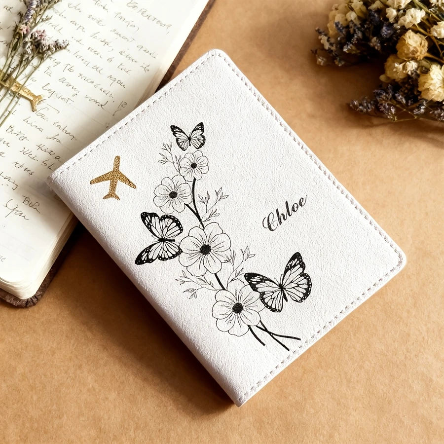 Personalized flower & butterfly passport case, stylish travel gift for birthdays, weddings & friends. Multi Colors