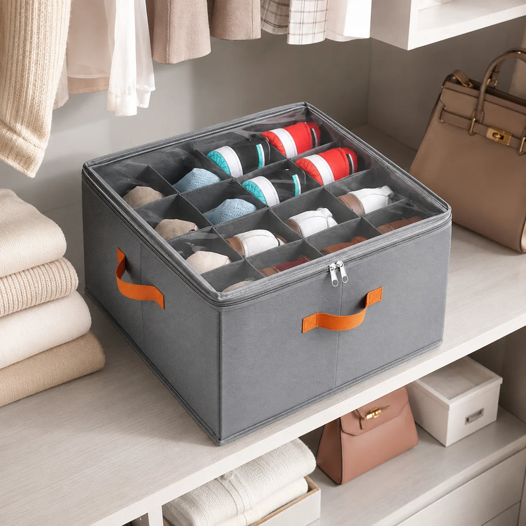 Foldable Shoe Storage Container, Closet Shoe Organizer Box with Clear Cover, Multi Compartment Fabric Storage Bin, Zippered Shoe Storage Case