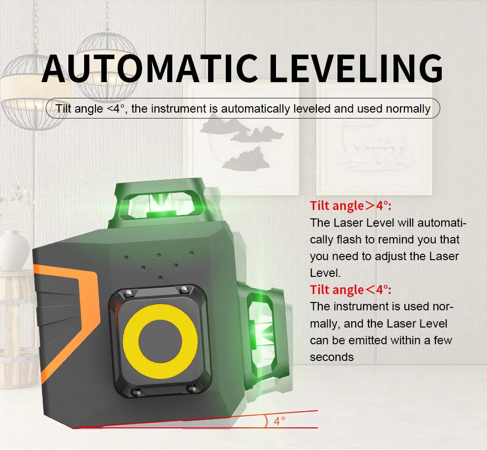 BOAYAL Laser Level Self Leveling 3x360° 3D 12 Green Cross Line for Construction 4000mAh Rechargeable battery Remote Controller