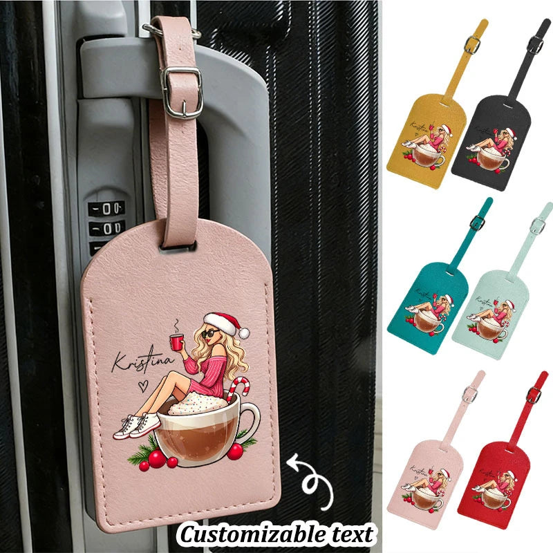 Customizable Luggage Tag Cute Coffee Girl Graphic PU Travel Identifier Bag Accessories Perfect for Suitcases Backpacks
