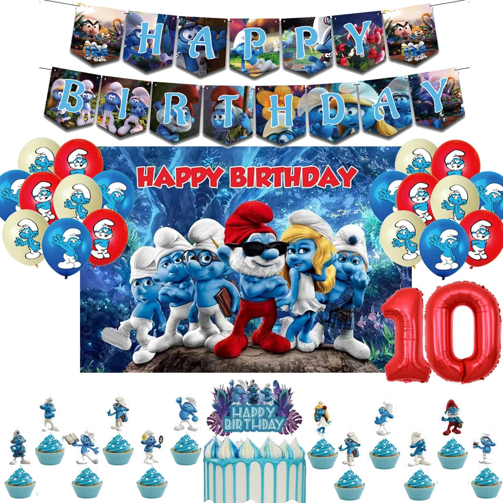 Smurfsed Happy Birthday Decoration Party Supplies Balloon Banner Number Blue Elf Theme Backdrop Cake Topper Baby Shower Boy Girl