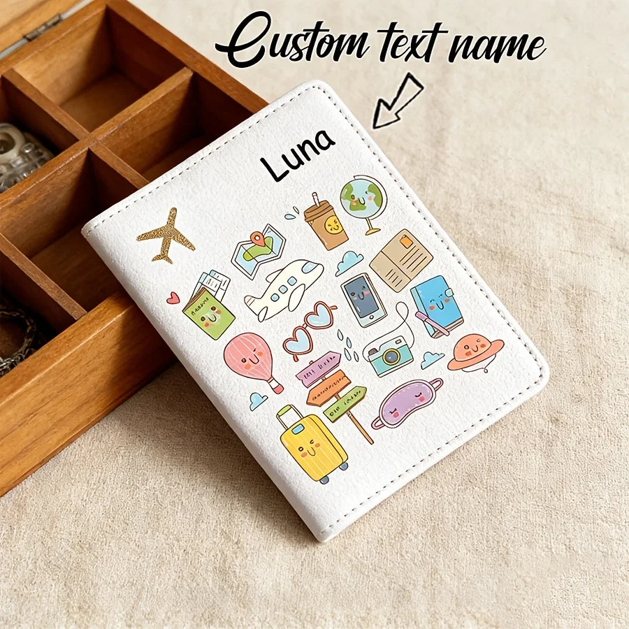 Custom Name Text Passport Holder Cute Cartoon Lightweight Travel Case Fashion Gift for Vacation Business Trip Use