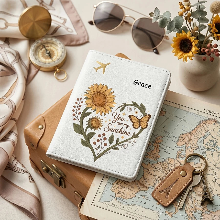 Personalized Butterfly And Sunflower Vine Heart-Shaped Pattern Passport Cover, Customizable Name, Text Passport Book Storage