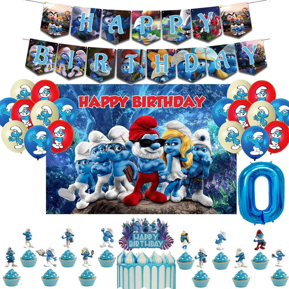 Smurfsed Happy Birthday Decoration Party Supplies Balloon Banner Number Blue Elf Theme Backdrop Cake Topper Baby Shower Boy Girl