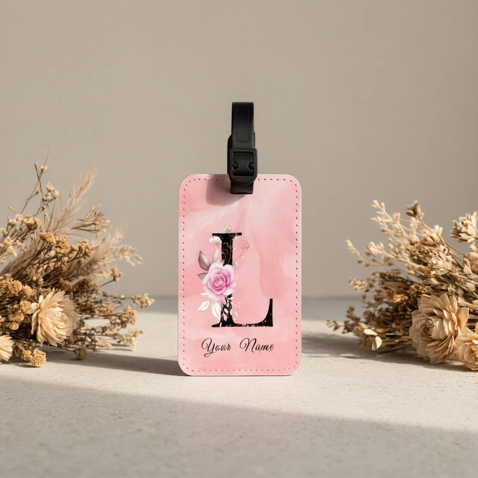 A of Personalized Custom Creative Flower Letter Pink Name Text Luggage Tags, Travel Cruise Suitcase Tags