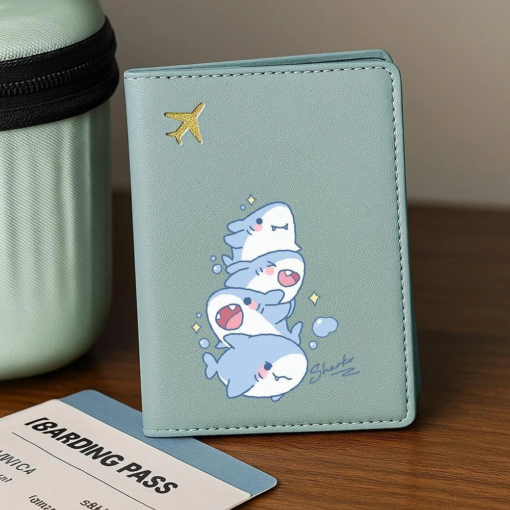 Cute Smiling Shark Pattern Passport Holder Travel Card Cover Portable Storage Pouch Ideal Birthday Gift for Women Air Travel