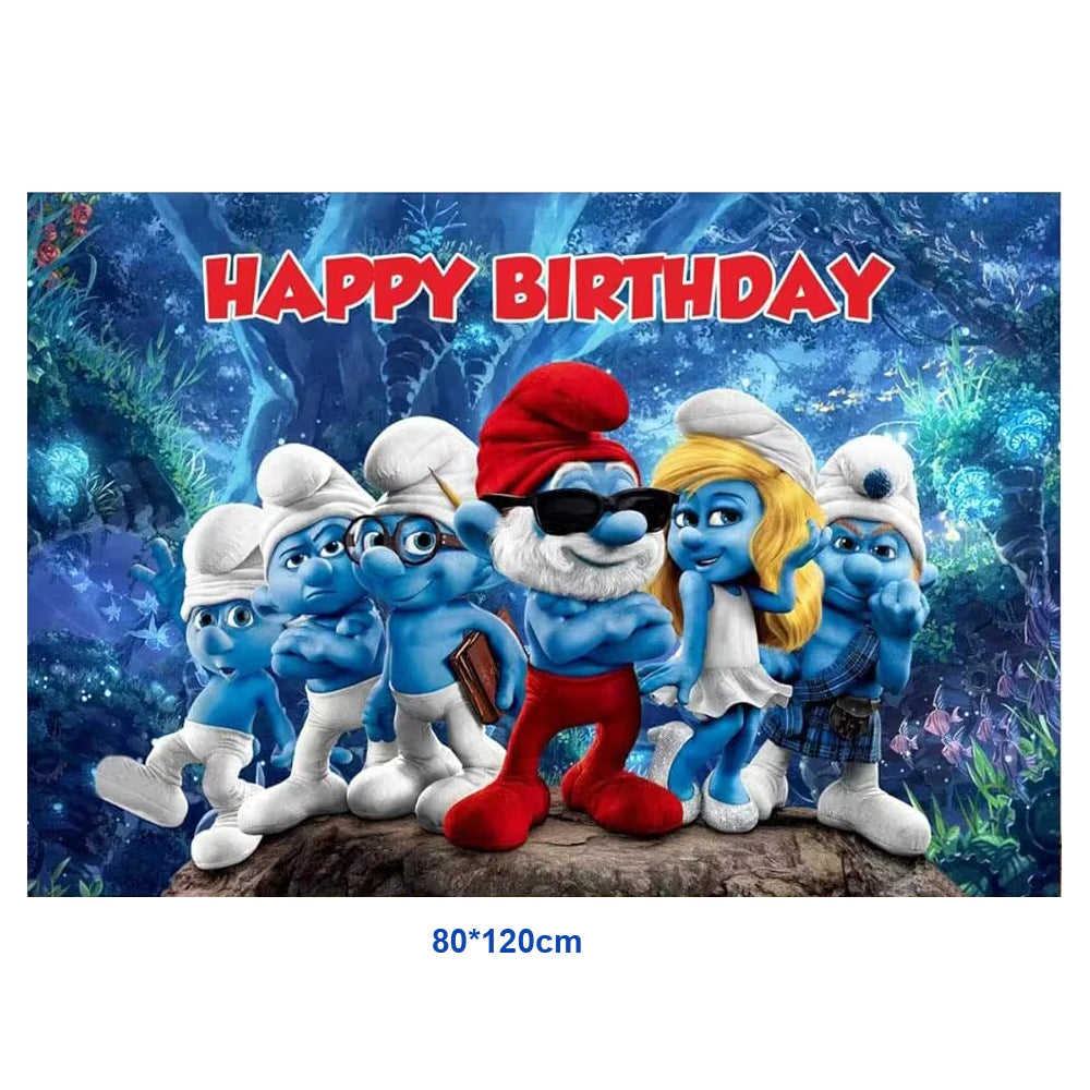 Smurfsed Happy Birthday Decoration Party Supplies Balloon Banner Number Blue Elf Theme Backdrop Cake Topper Baby Shower Boy Girl