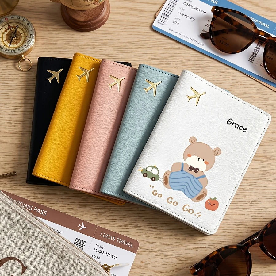 Personalized Passport Holder with Protective Cover - Custom Name/Text, Cute Cartoon Bear Pattern Design
