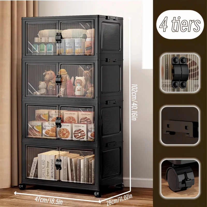 3/4/5/6-Tier Foldable Storage Cabinet with Clear Double Doors, Foldable and Stackable Plastic Storage Boxes with Wheels, Large-Capacity Rolling Organizer, Perfect for Pantry, Bedroom, Bathroom, or Coffee Bar, Black