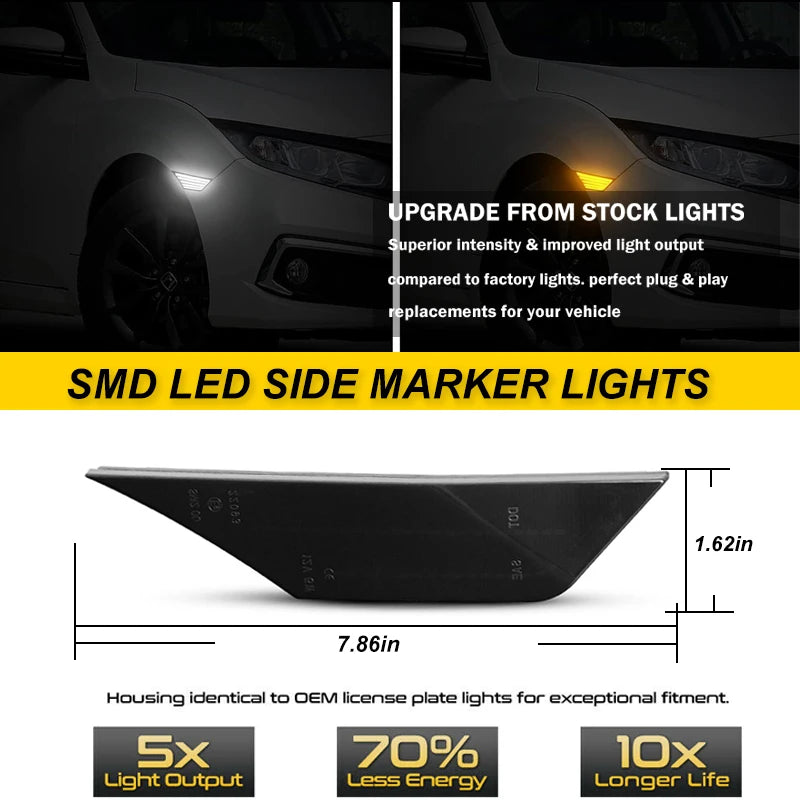 For Honda Civic 10 Gen Fender Side Marker Lights Amber Sequential Turn Signal Lamps White Driving Running Position Light 16-21