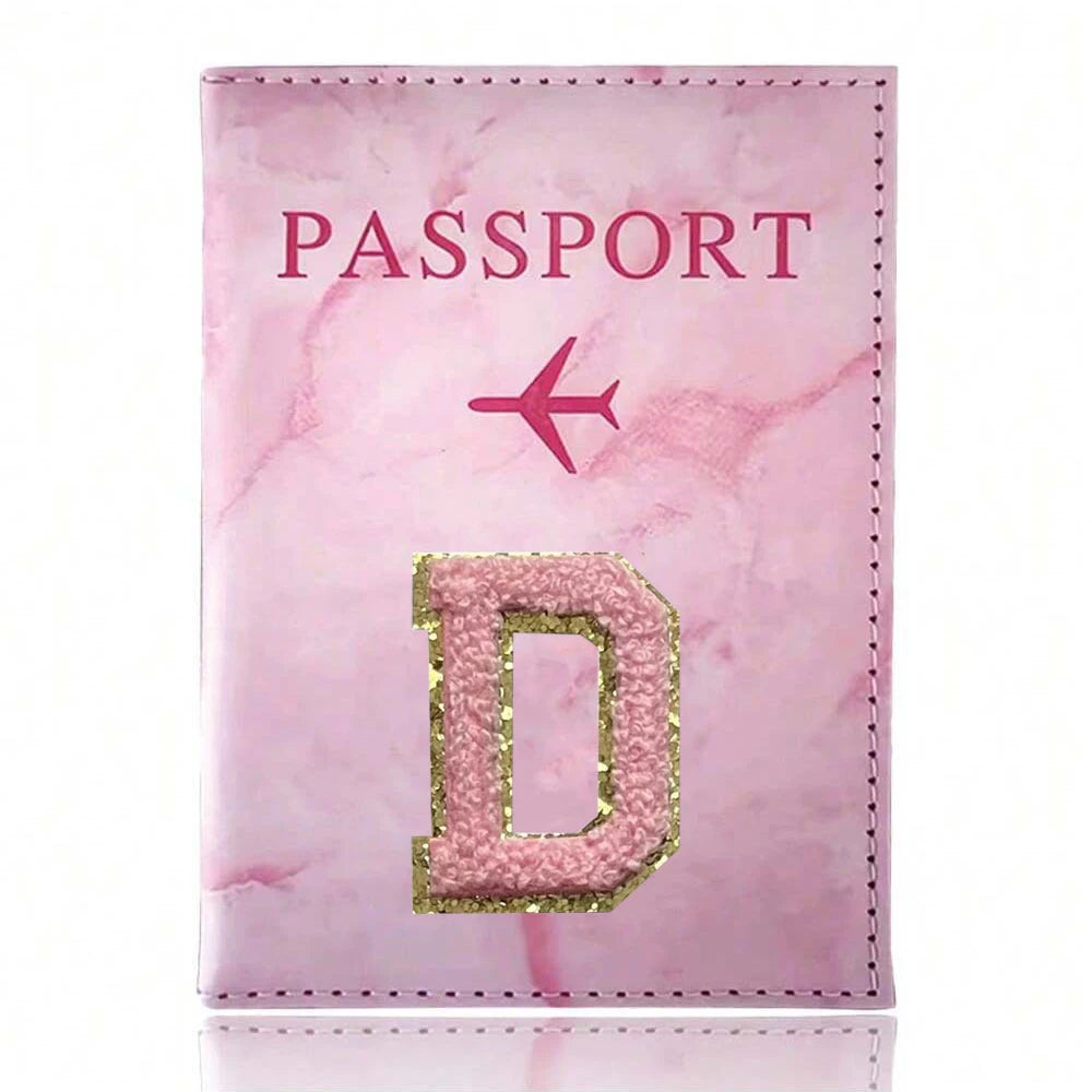 Pink Embroidery A-Z Letter Passport Cover Travel Wallet Card Holder Portable Document Case Nice Holiday Travel Gift