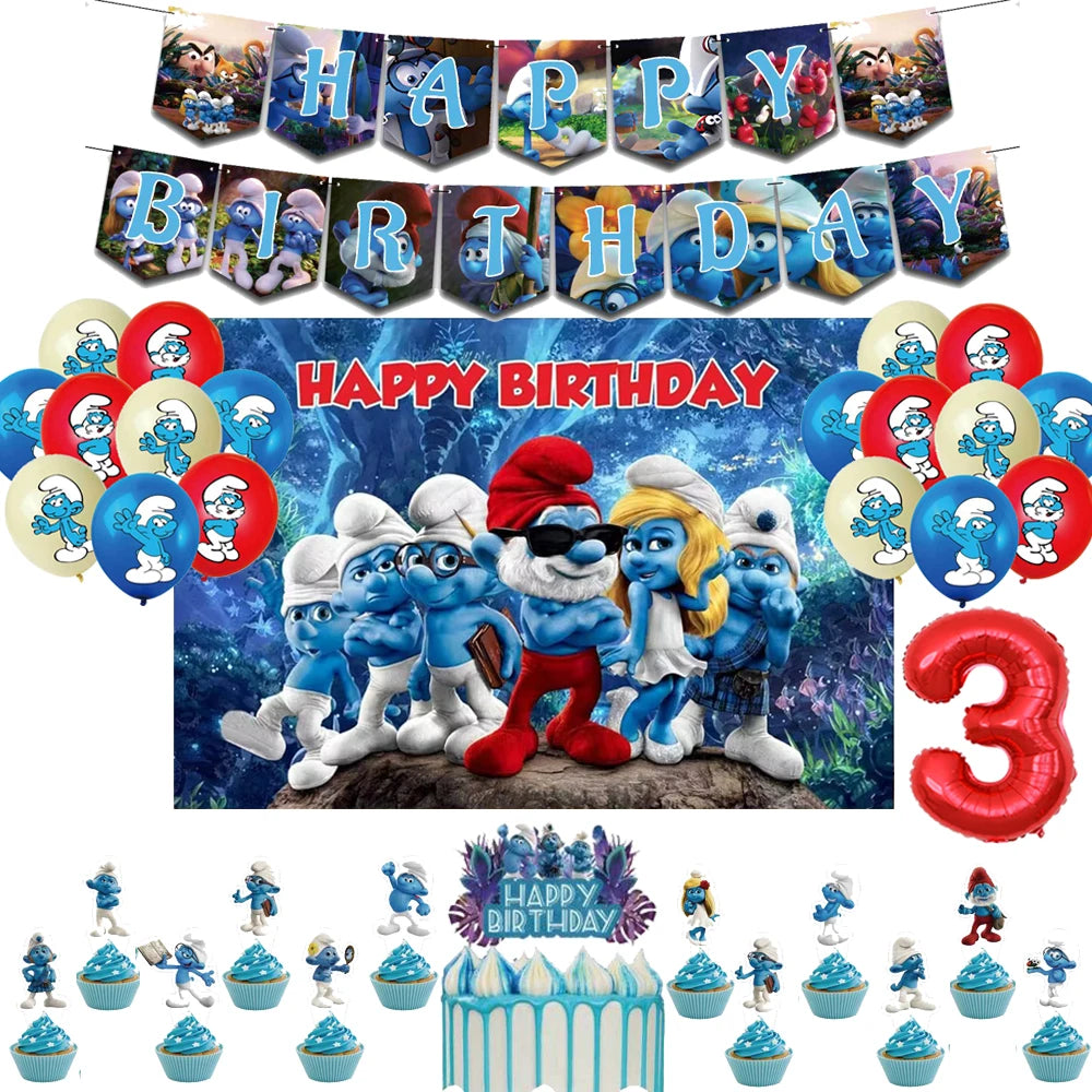 Smurfsed Happy Birthday Decoration Party Supplies Balloon Banner Number Blue Elf Theme Backdrop Cake Topper Baby Shower Boy Girl