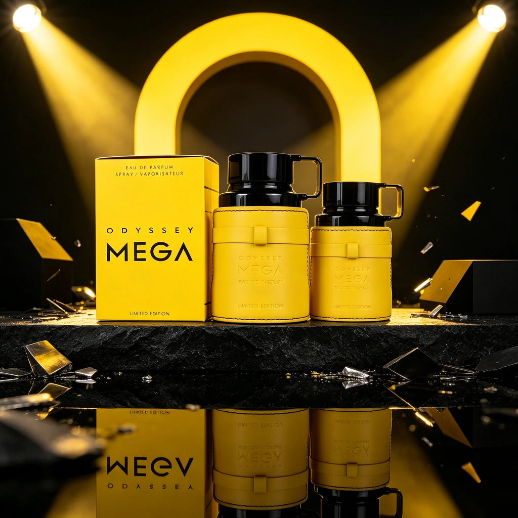 Armaf Odyssey Mega Limited Edition EDP 100ml Citrus Aromatic Fresh Spicy Sweet Woody Fresh Scent Men Perfume Yellow Leather Wrap Kettle Bottle Luxury Gift Box