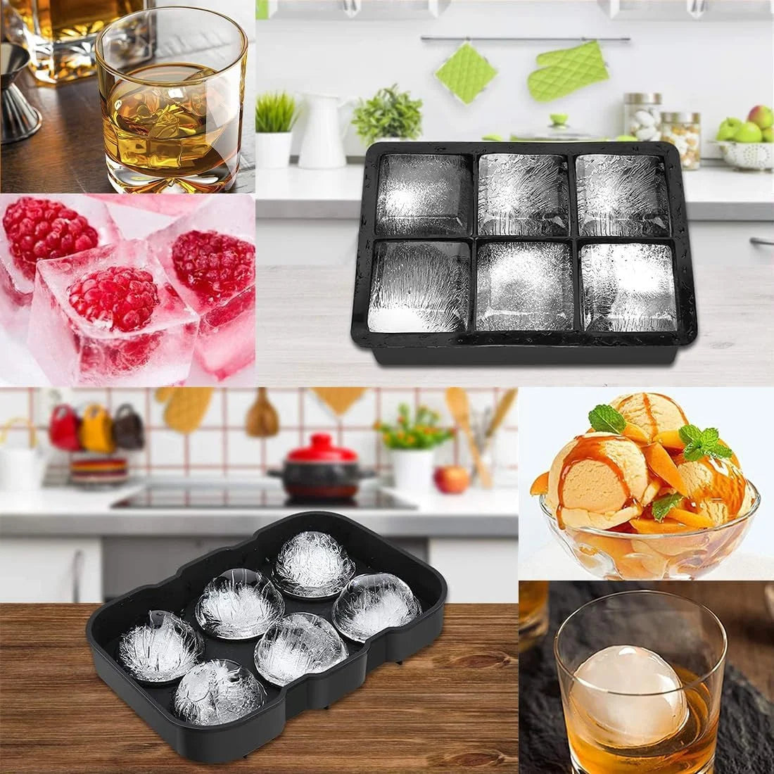 Silicone ice cube tray, large round ice cubes and square ice cubes, BPA-free, reusable, with lid, suitable for cocktails, whisky