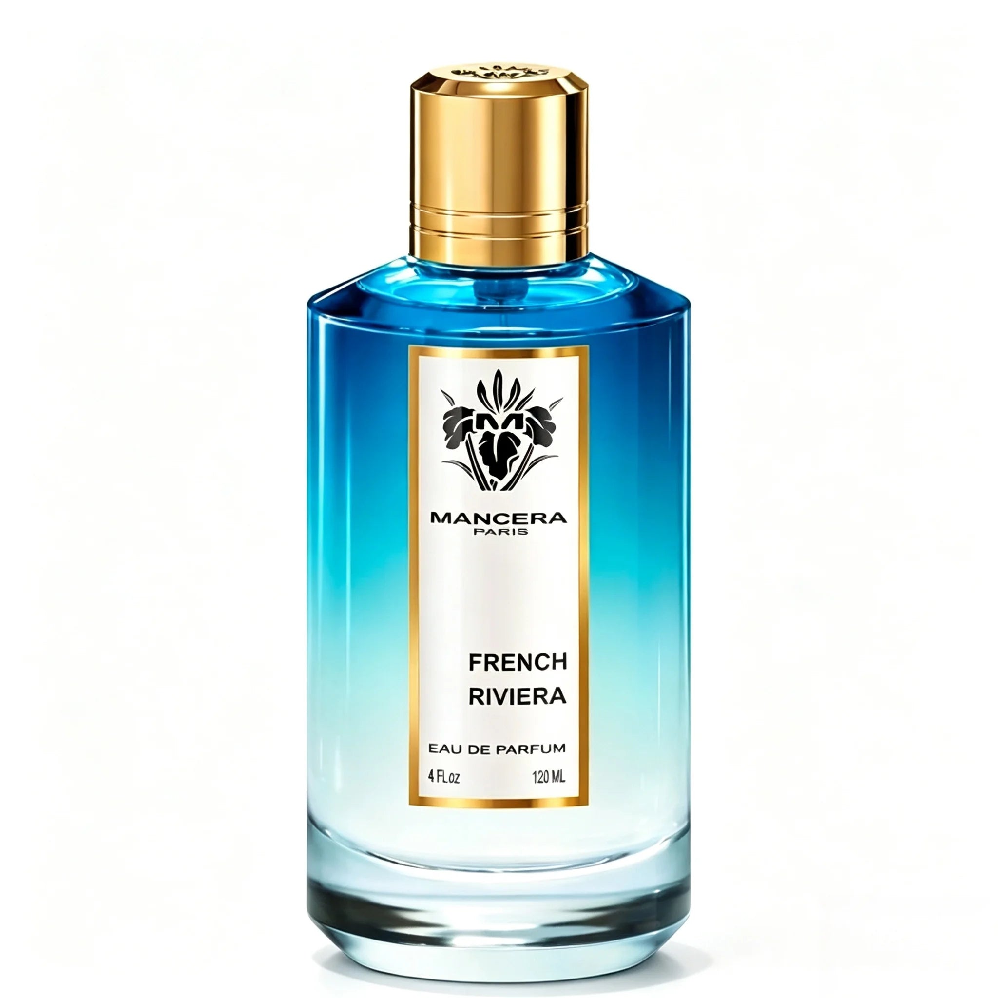 Mancera French Riviera Unisex EDP 120ml Gloss Blue White Gradient Square Bottle Polished Gold Ribbed Cap Gold Border White Iris Label Crisp Citrus Aquatic Marine Woody Scent Summer Beach Yacht Vacation Luxury Neutral Gift For