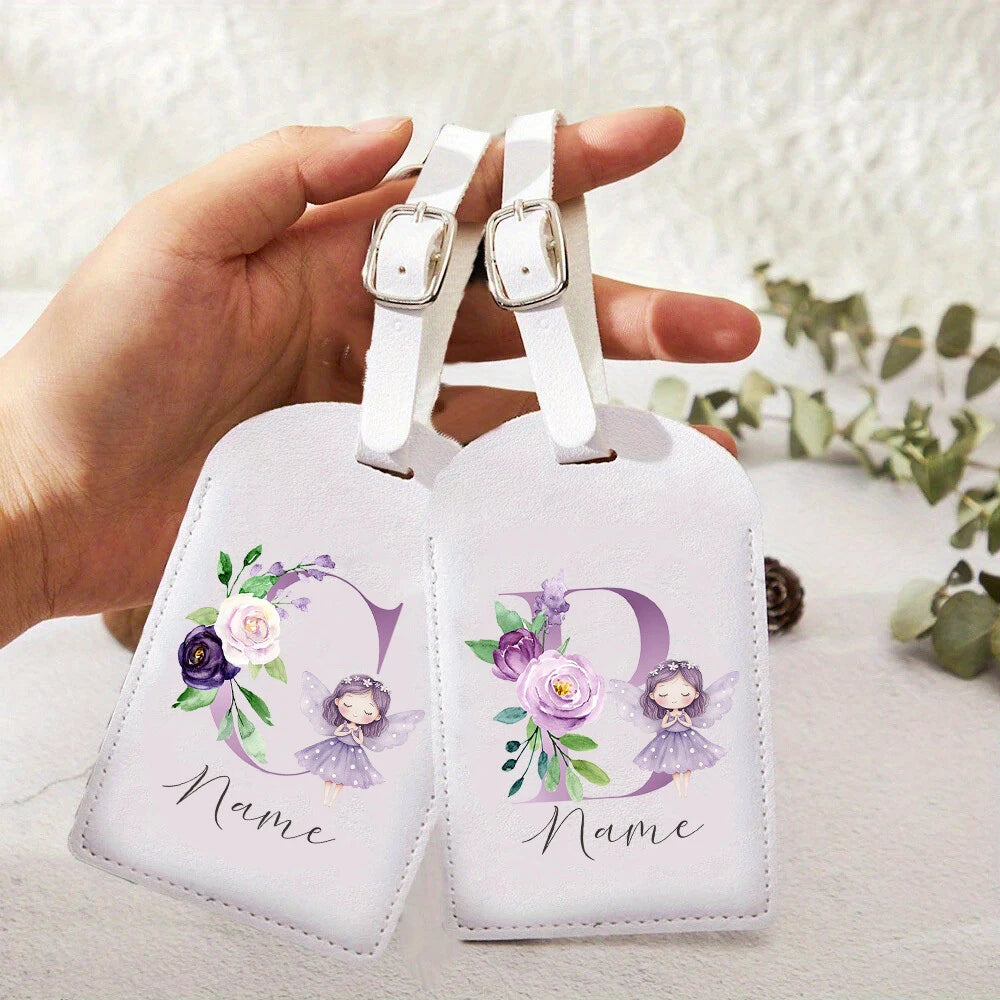 Personalized PU Luggage Tag, Flower Fairy Design Fashion Letter Print Monogram Luggage Tag, Custom Name Luggage Tag