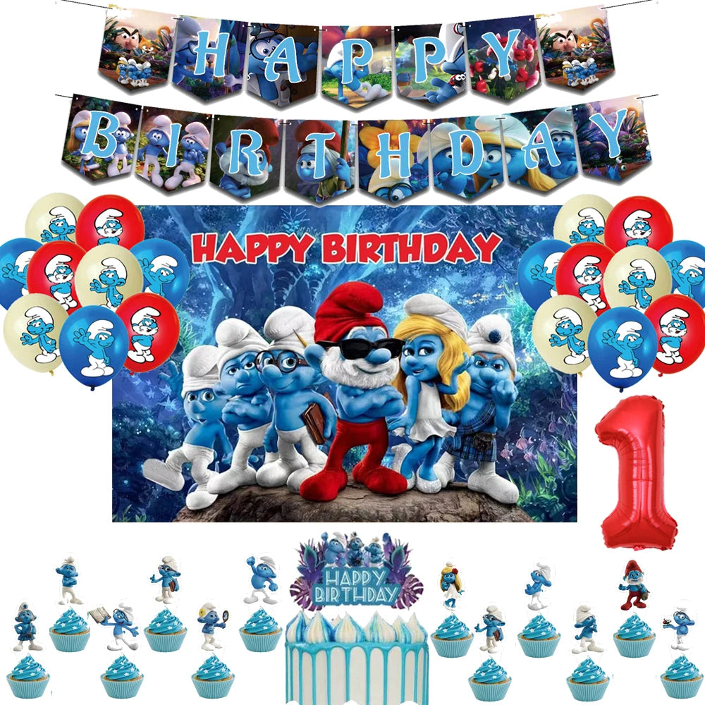 Smurfsed Happy Birthday Decoration Party Supplies Balloon Banner Number Blue Elf Theme Backdrop Cake Topper Baby Shower Boy Girl