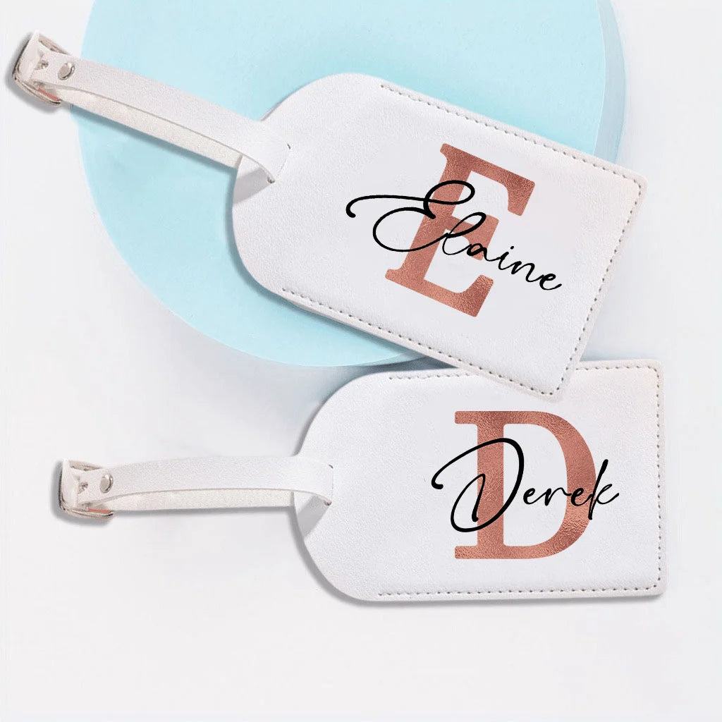 Personalized White Luggage Tag with Rose Golden Initials, Perfect for Your Suitcase Or Travel Bag