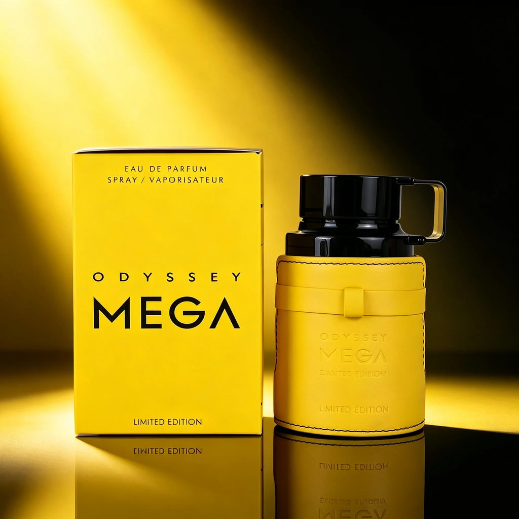 Armaf Odyssey Mega Limited Edition EDP 100ml Citrus Aromatic Fresh Spicy Sweet Woody Fresh Scent Men Perfume Yellow Leather Wrap Kettle Bottle Luxury Gift Box