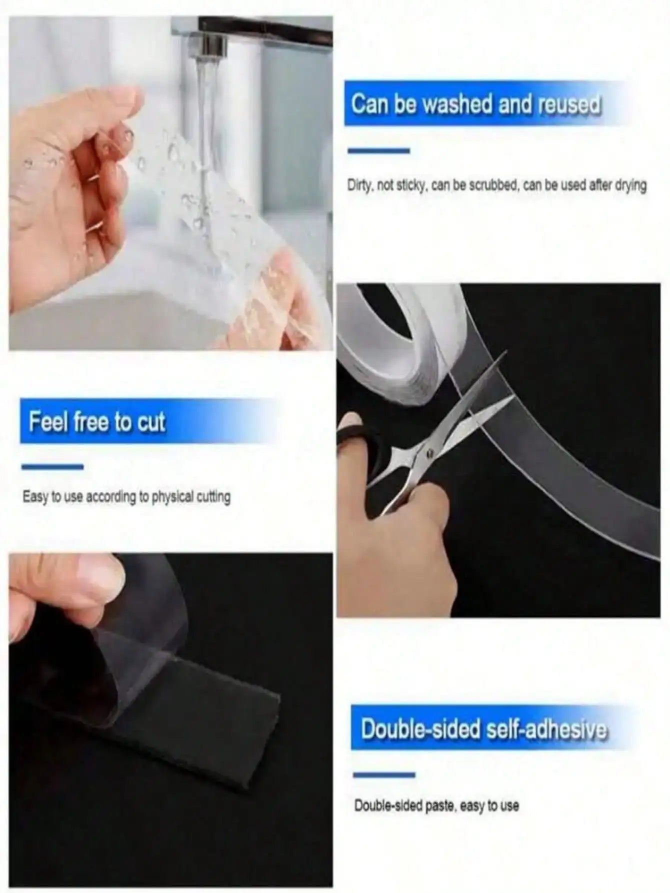 Heavy Duty Nano Double Sided Tape Strong Sticky Waterproof Reusable Transparent Mounting Tape Traceless Adhesive Strips for Home Decoration Wall Hanging
