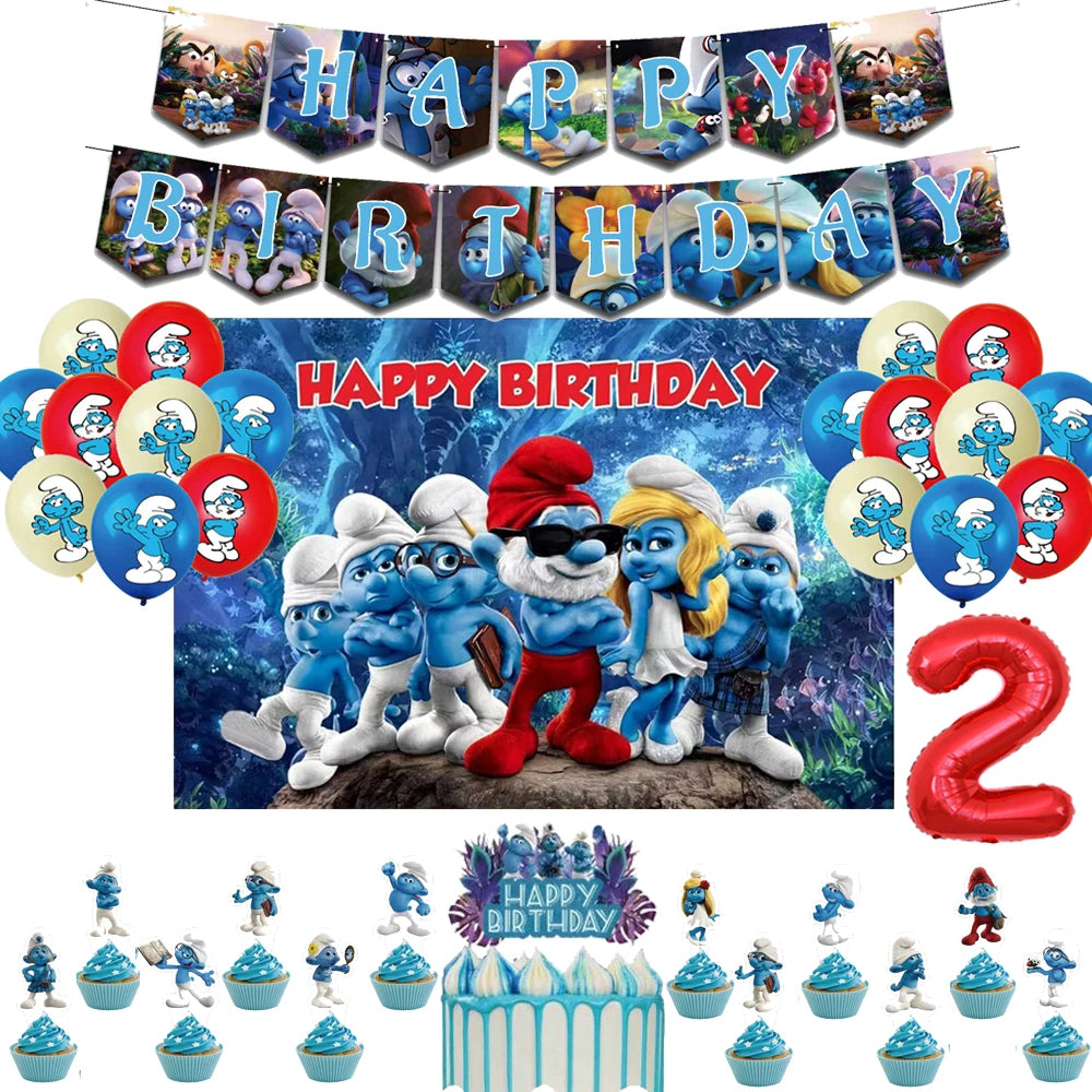 Smurfsed Happy Birthday Decoration Party Supplies Balloon Banner Number Blue Elf Theme Backdrop Cake Topper Baby Shower Boy Girl