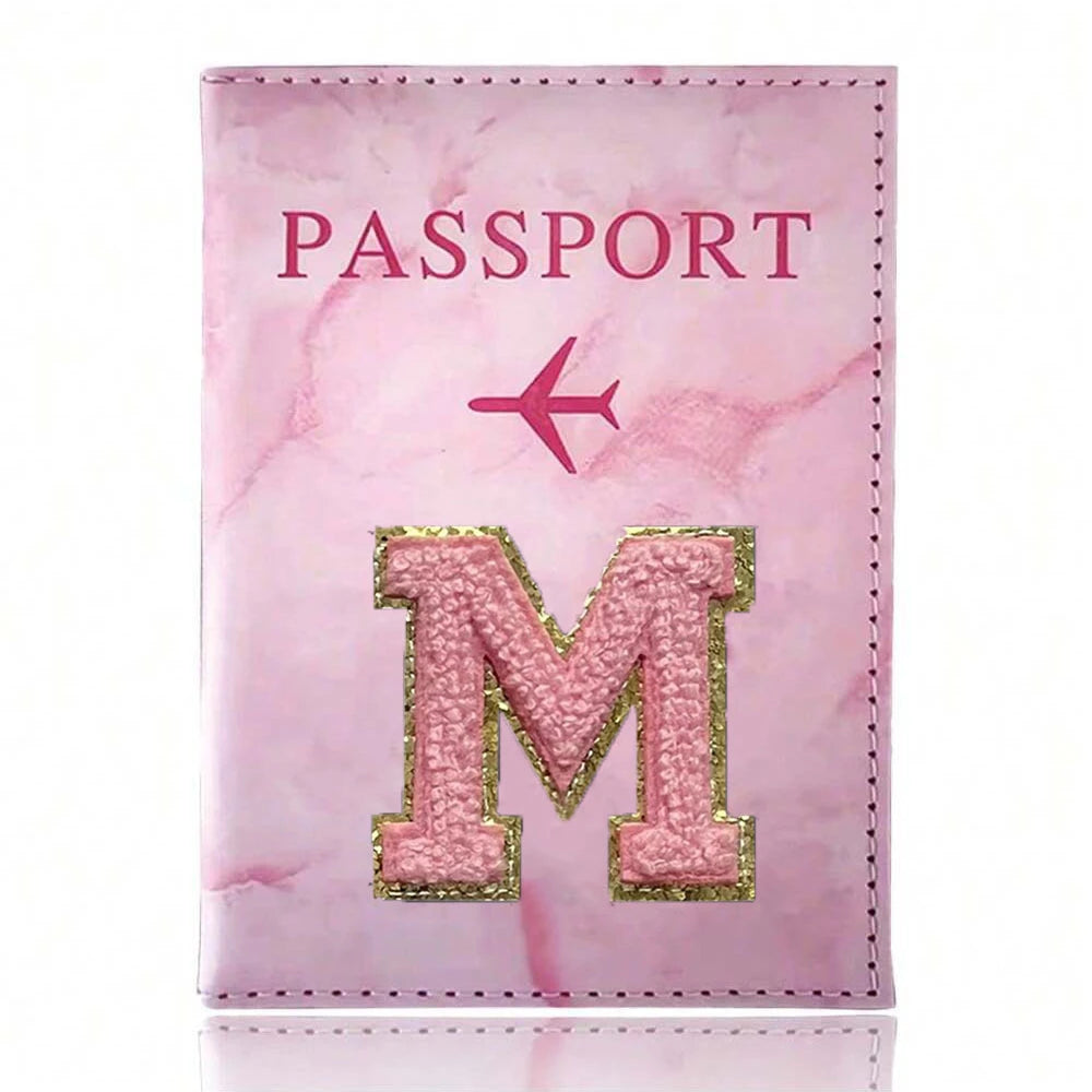 Pink Embroidery A-Z Letter Passport Cover Travel Wallet Card Holder Portable Document Case Nice Holiday Travel Gift