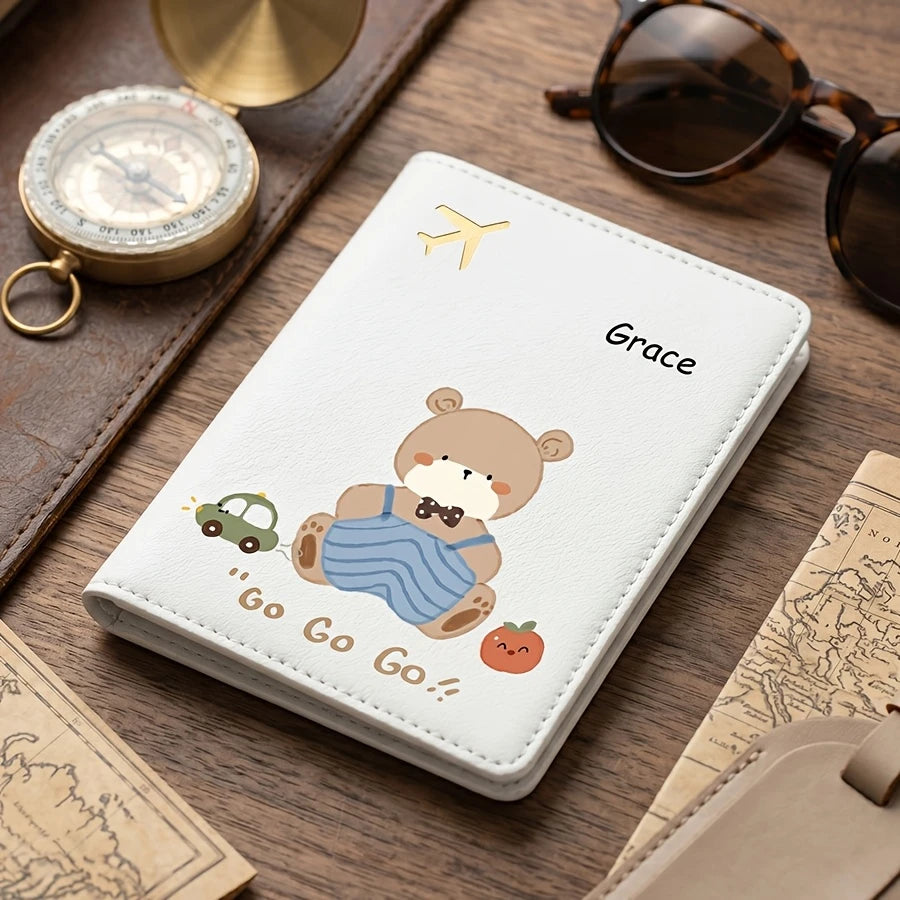 Personalized Passport Holder with Protective Cover - Custom Name/Text, Cute Cartoon Bear Pattern Design