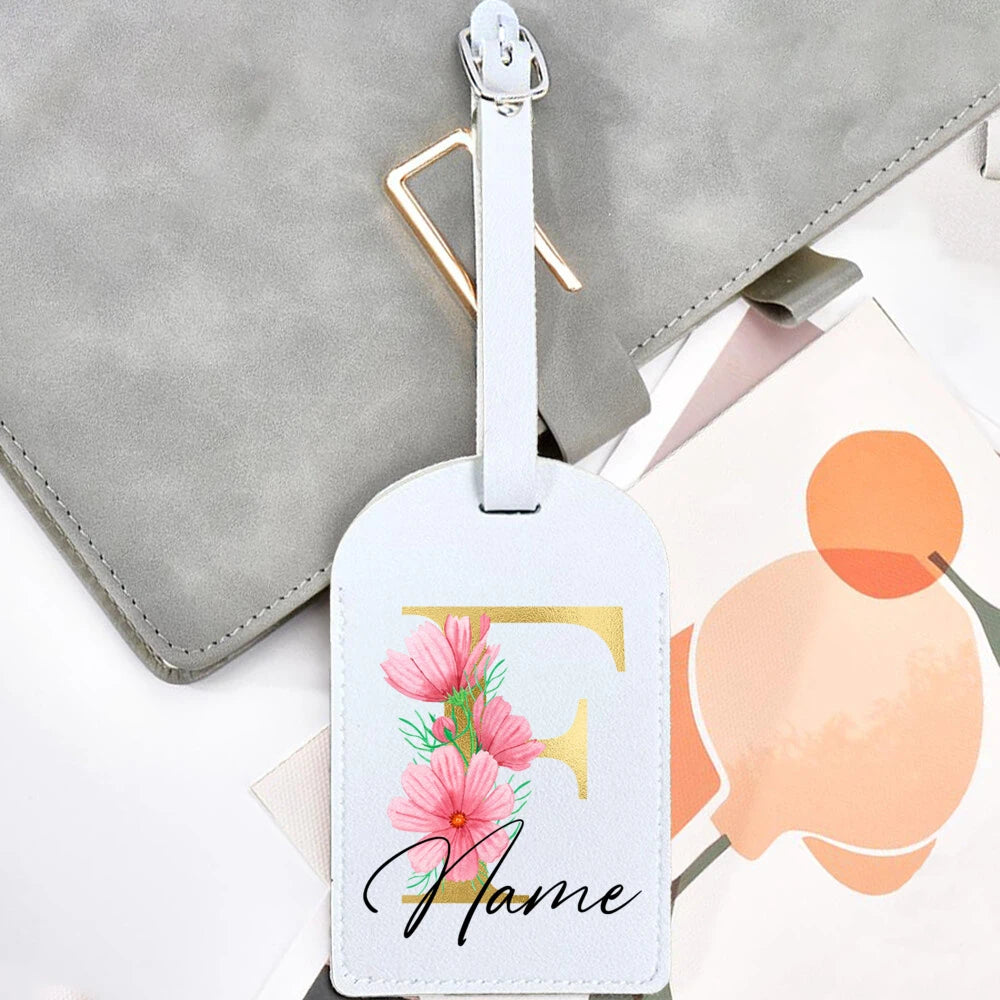 Personalised Golden Letters + Flower Luggage Tag, Custom Name Suitcase Label Baggage Tags Travel Accessorie