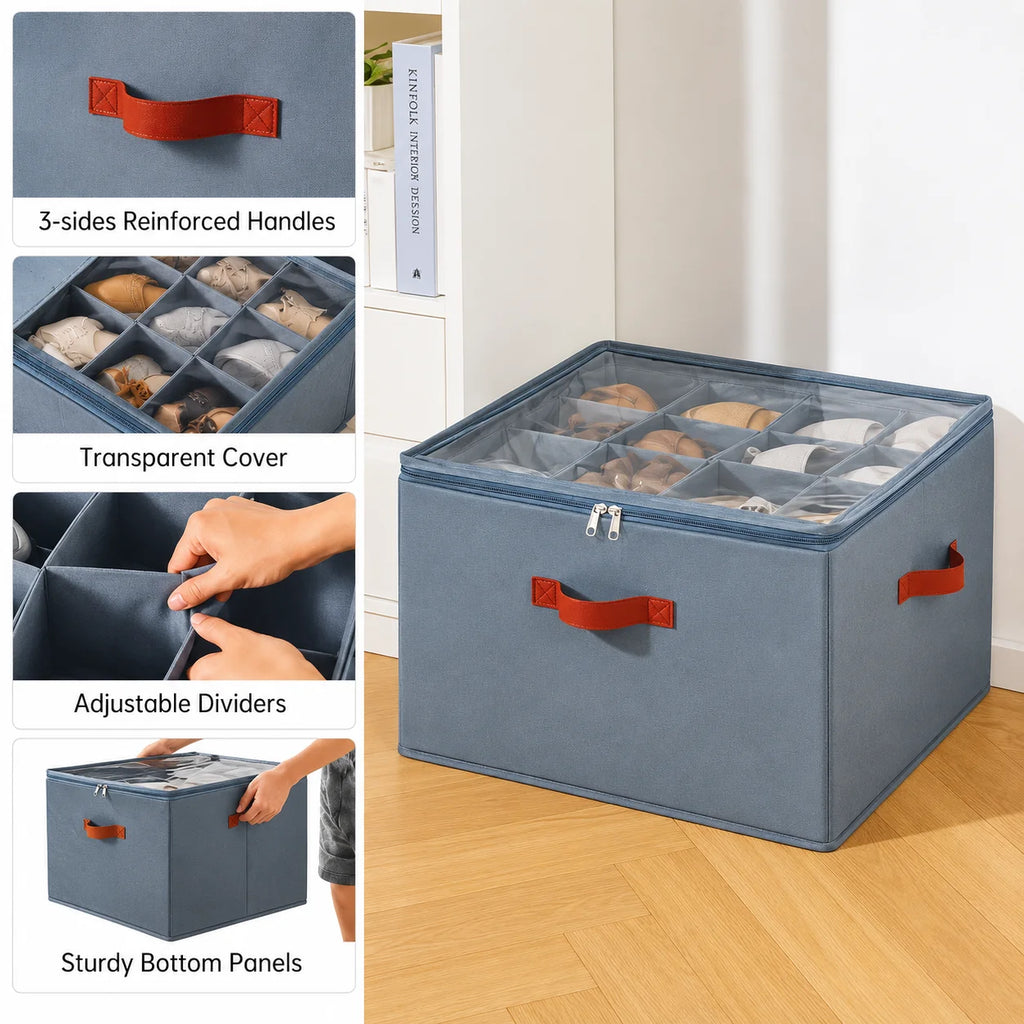 Foldable Shoe Storage Container, Closet Shoe Organizer Box with Clear Cover, Multi Compartment Fabric Storage Bin, Zippered Shoe Storage Case